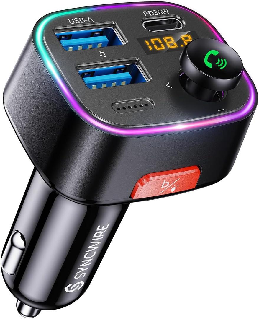 Syncwire Bluetooth 5.4 FM Transmitter Car Adapter 48W (PD 36W & 12W) [Light Switch] [HiFi Bass Sound] [Fast Charging] Wireless Radio Music Adapter LED Display Hands-Free Calling Support USB Drive, Black