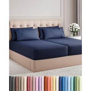 Split King 7 Piece Sheet Set - Comfy, Breathable & Cooling - Soft Hotel Luxury Bedding for Women, Men, Kids, Teens and Children - 1 Flat & 2 Fitted Sheets & 4 Pillowcases with Deep Pockets - Navy Blue