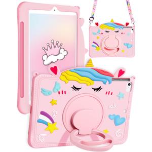for iPad Mini 5th/4th Generation Case - 7.9 Inch Mini 4/5 Gen Case with Pen Holder Cute Cartoon Unicorn Silicone Tablet Cover with Rotating Stand & Strap Girly Teens Girls Funda