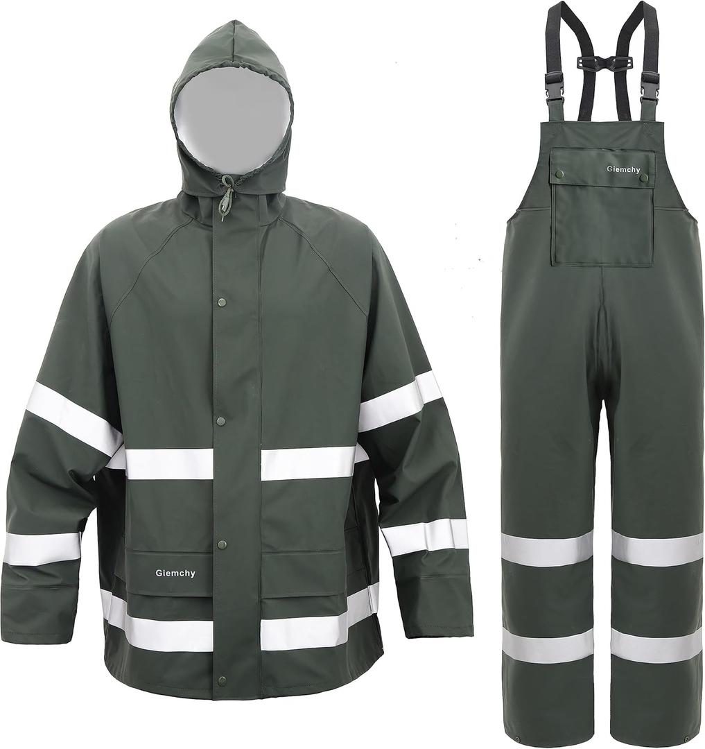 Rain Suit For Men & Women Waterproof Heavy Duty Rain Gear Reflective Jacket for Fishing Outdoor Work Raincoats (X-Large, Green)