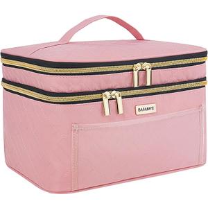 Double Layer Travel Makeup Bag for Women, Large Cosmetic Case Organizer with Makeup Brush Compartment, Portable Train Case Make Up Bag for Travel-Size (Pink)