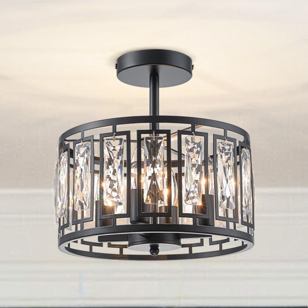 11.8" Black Semi Flush Mount Ceiling Lighting Fixture, 4-Light Hallway Lighting Fixtures, Modern Crystal Ceiling Light Fixture for Kitchen Entryway Laundry Room Bedroom Foyer