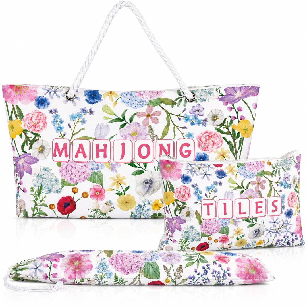 Bornerwhite 3 Pcs Empty Mahjong Bag Set for Tiles and Racks American Mahjong Case Travel Bag Tote Carrying Bags Cute Mah Jong Accessories Mahj Rack Storage Bags Carrying Case(Floral)
