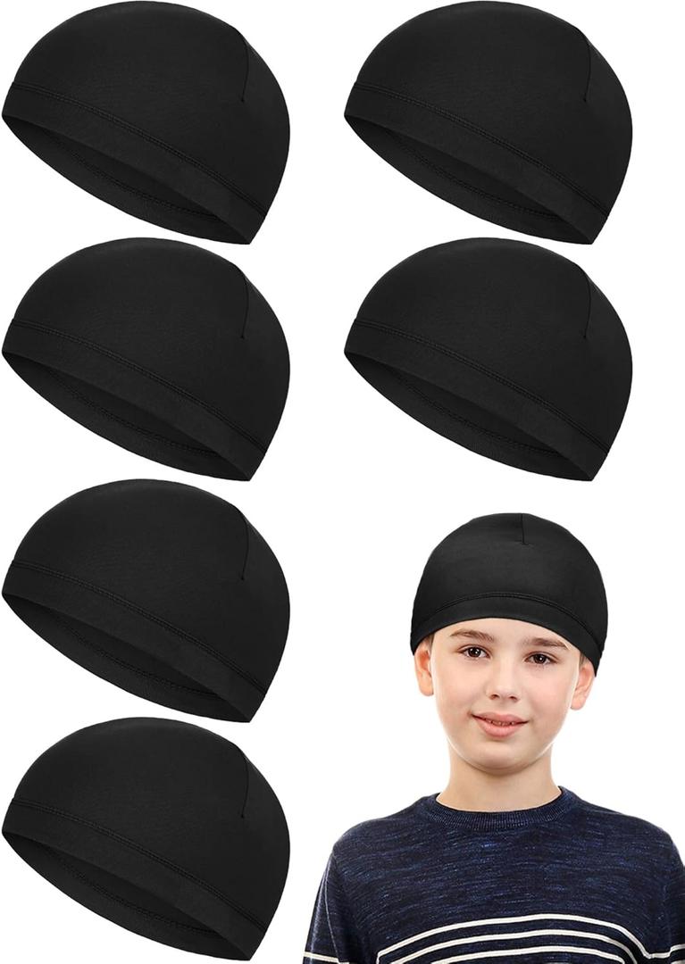 Geyoga 6 Pcs Skull Cap for Kids Helmet Liner Youth Wave Cap for Sport Football Basketball Ski Cycling Outdoor Activities (One Size, Black)