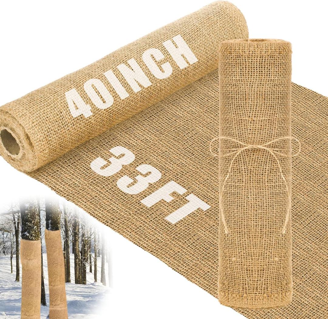 Buryeah 40 Inch x 33 ft Burlap Fabrics Roll Natural Burlap Tree Wrap Winter Garden Frost Plant Protection Blankets Cloth Weed Barrier Fabric Jute for Outdoor Home Trees Shrubs Craft Party Decor