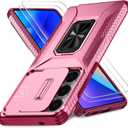 Case for Samsung Galaxy S25 Ultra with Slide Camera Cover+Screen Protector(2 Packs), Military Grade Shockproof Protective Cover, Rotated Ring Kickstand(A - Pink+Red)