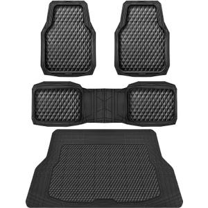 CAR PASS Heavy Duty Rubber Black Car Floor Mats & Cargo Liners, Deep Dish All-Weather Trunk Mats Durable Anti-Slip 3D Rhombus Waterproof Trim to Fit Liner Universal Fit Auto,Sedan,SUV,Truck, Black (Full Set, Black With Cargo Liners)