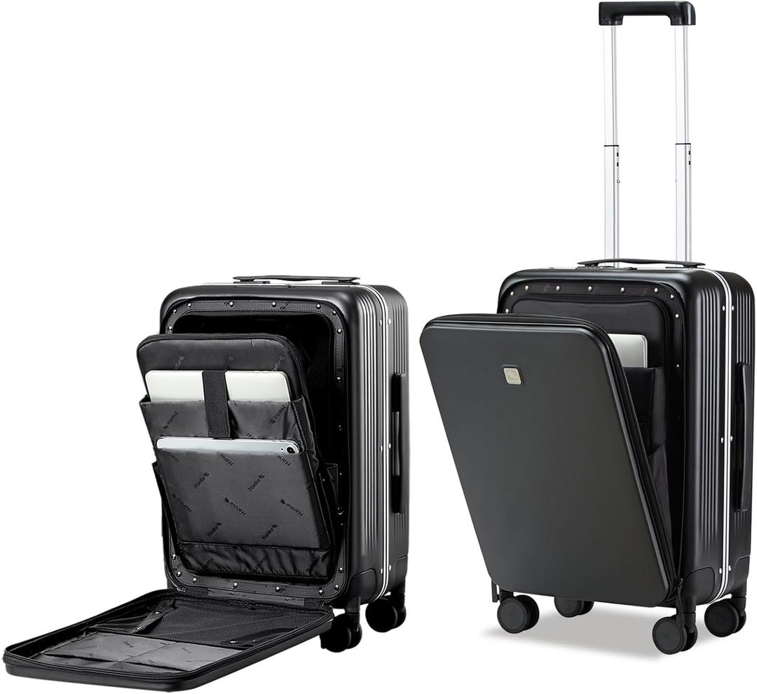 Hanke Grace Hard Shell Suitcases with Wheels,20 Inch Carry On Luggage Airline Approved with Aluminum Frame, Travel suitcase with Front Pocket Travel Luggage for Short Business Trips, Jet Black. (20 Inch Middle no opening)