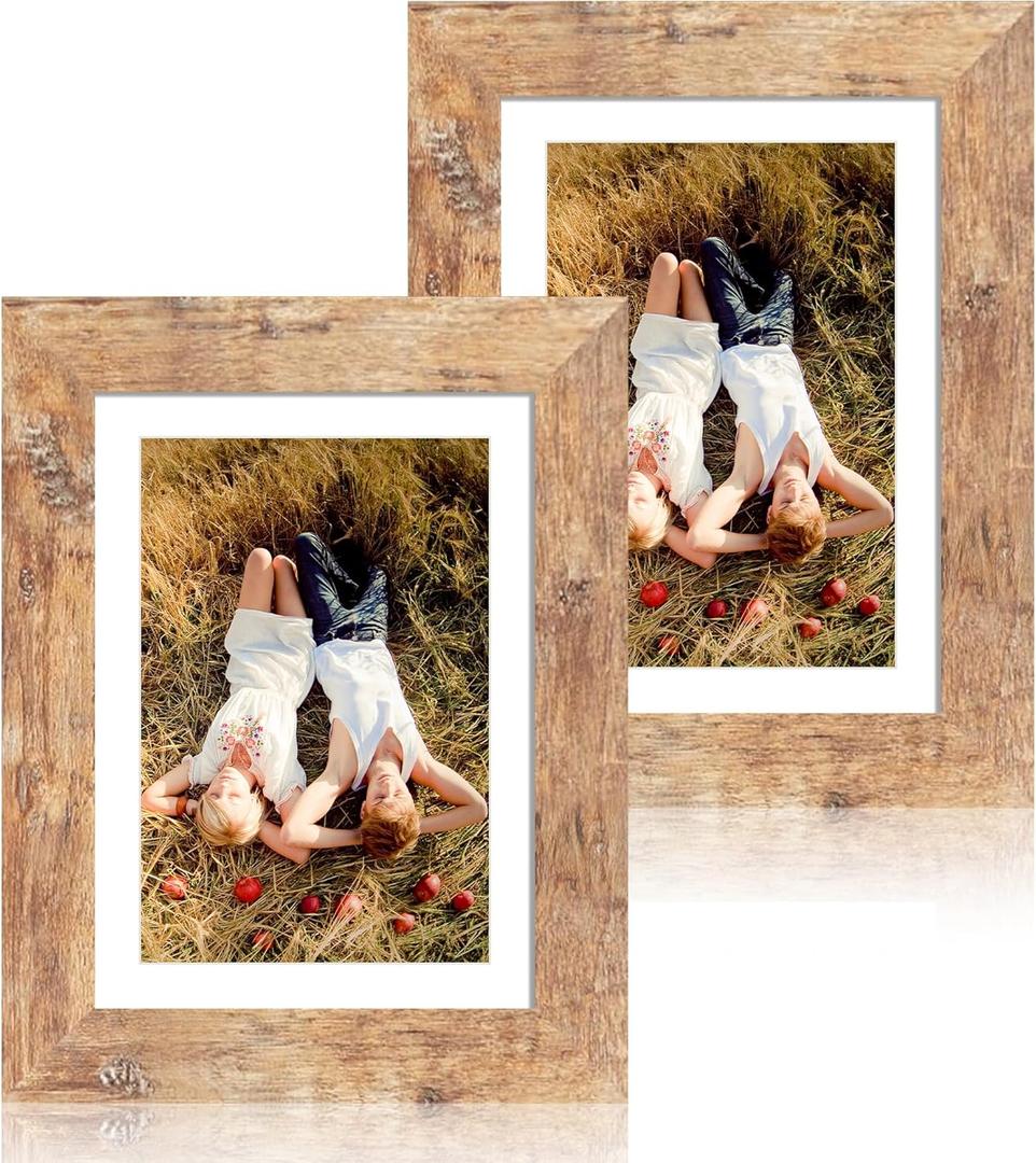 5x7 Picture Frame Set of 2, Rustic Brown Frame with High Definition Glass, Display Pictures 4x6 with Mat or 5 x 7 without Mat, Wood Photo Frame for Table top and Wall Mounting