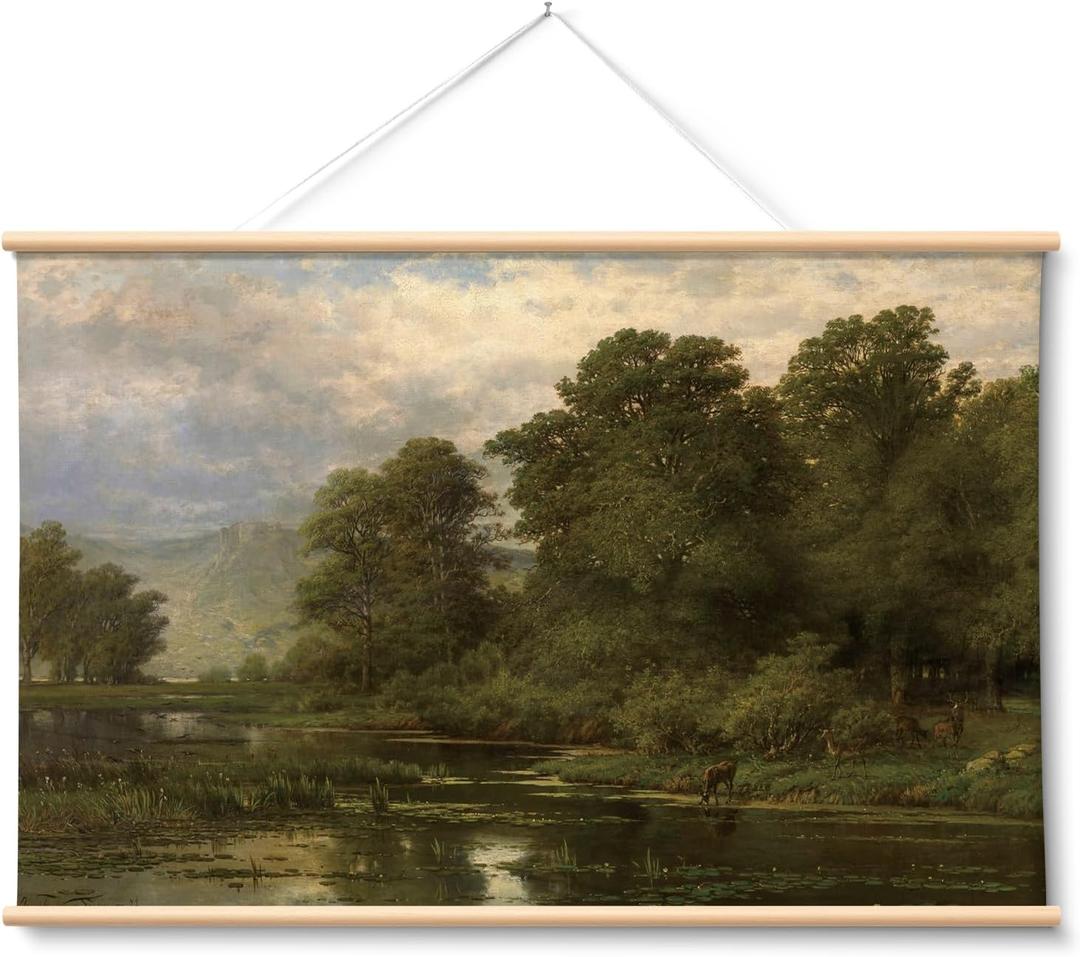 HUARCEY Extra Large Canvas Wall Art, 36x54 Inch Vintage Riverside Hanging Landscape Hanging Scroll, Oversized Rustic Nature Artwork Lake, Trees Mountains for Living Room, Office, Farmhouse