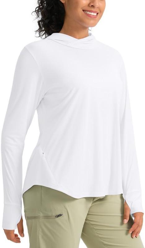Pudolla Women's Sun Protection Shirt UPF 50+ Long Sleeve Lightweight UV Hoodie for Women Hiking Outdoor Fishing Summer (Large, White)