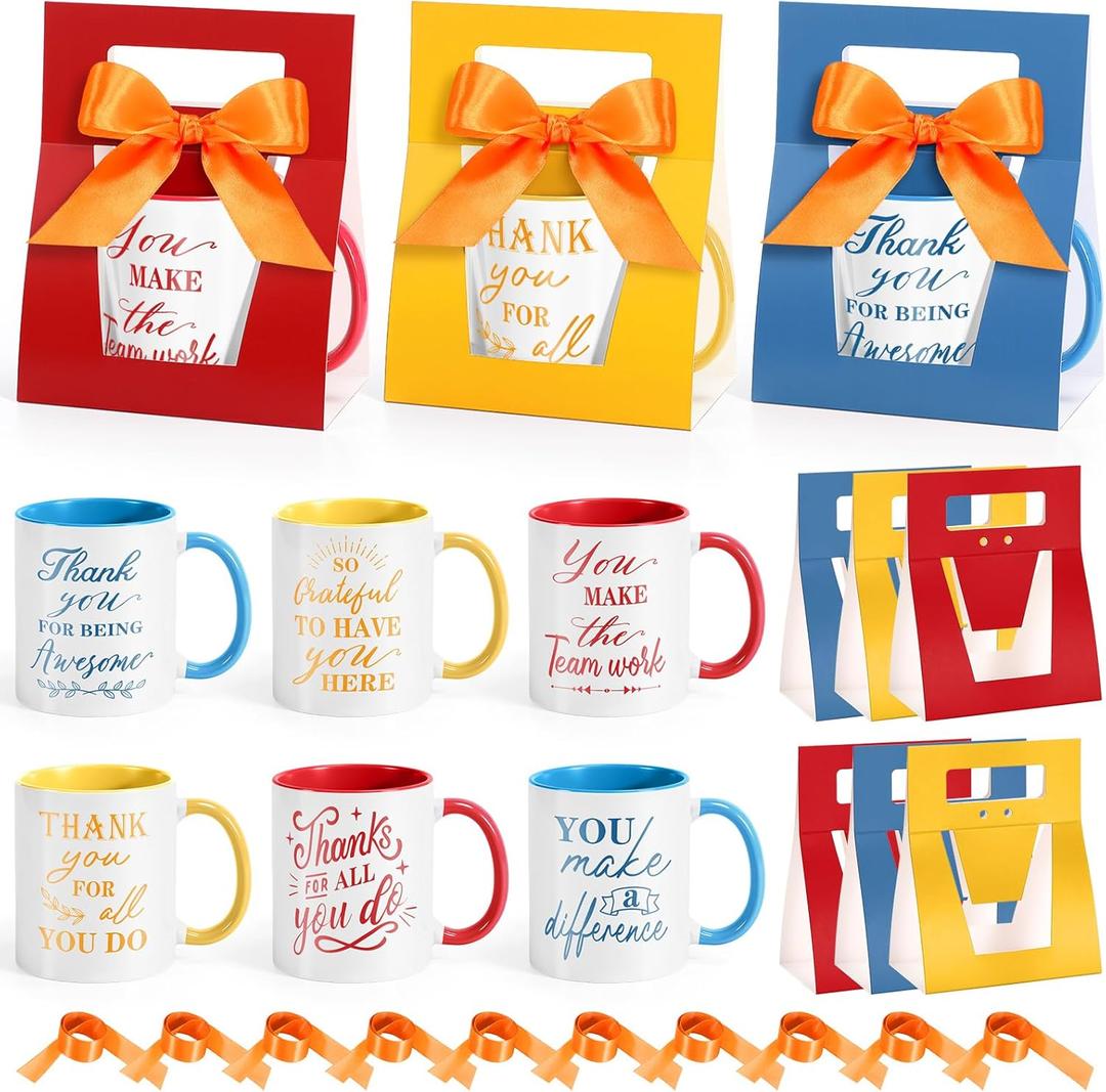 LemonRoad 6 Sets Employee Appreciation Gifts 12 oz Thank You Mug with Mug Boxes Ribbon Inspirational Appreciation Ceramic Coffee Cup for Birthday Housekeeping Week Coworker Staff Team (Rainbow Color)