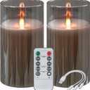 Rechargeable Flameless Candles, Flickering LED Candles, Real Wax Candles with Remote and Timers, Glass Pillar Candles 3D Wick for Wedding Festival Home Decoration, 6" Candle Set of 2, (Gray)