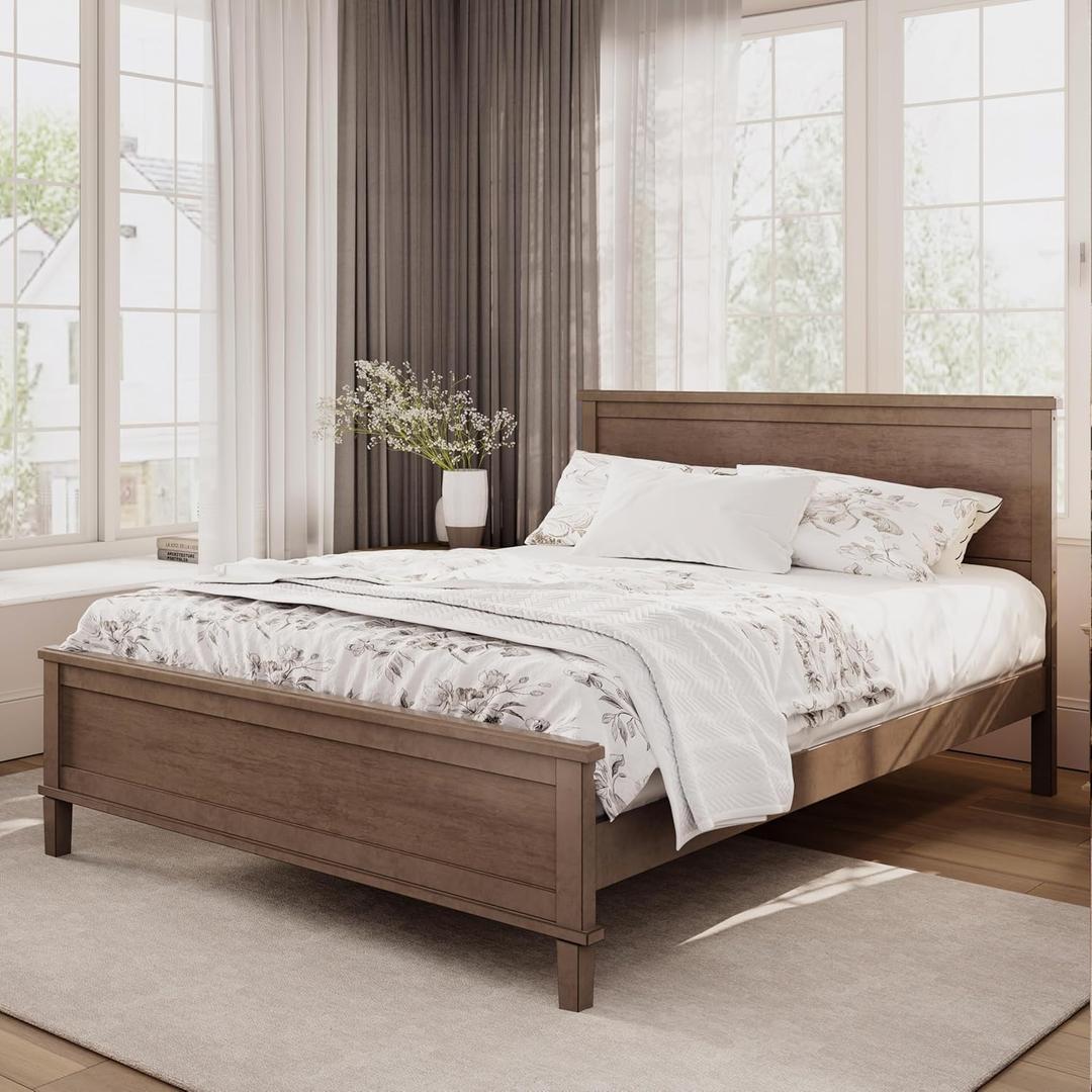 Merax Queen Size Wooden Platform Bed, Mid Century Modern Bed Frame with Tall Headboard and Footboard, Solid Wood Slats Support, No Box Spring Needed, Easy Assembly, Brown
