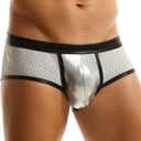 FEOYA Men's Metallic Shiny Boxer Briefs Sexy Mesh Pouch Bulge Low Rise Short Leg Trunks Hot Pants Underwear (Large, White)