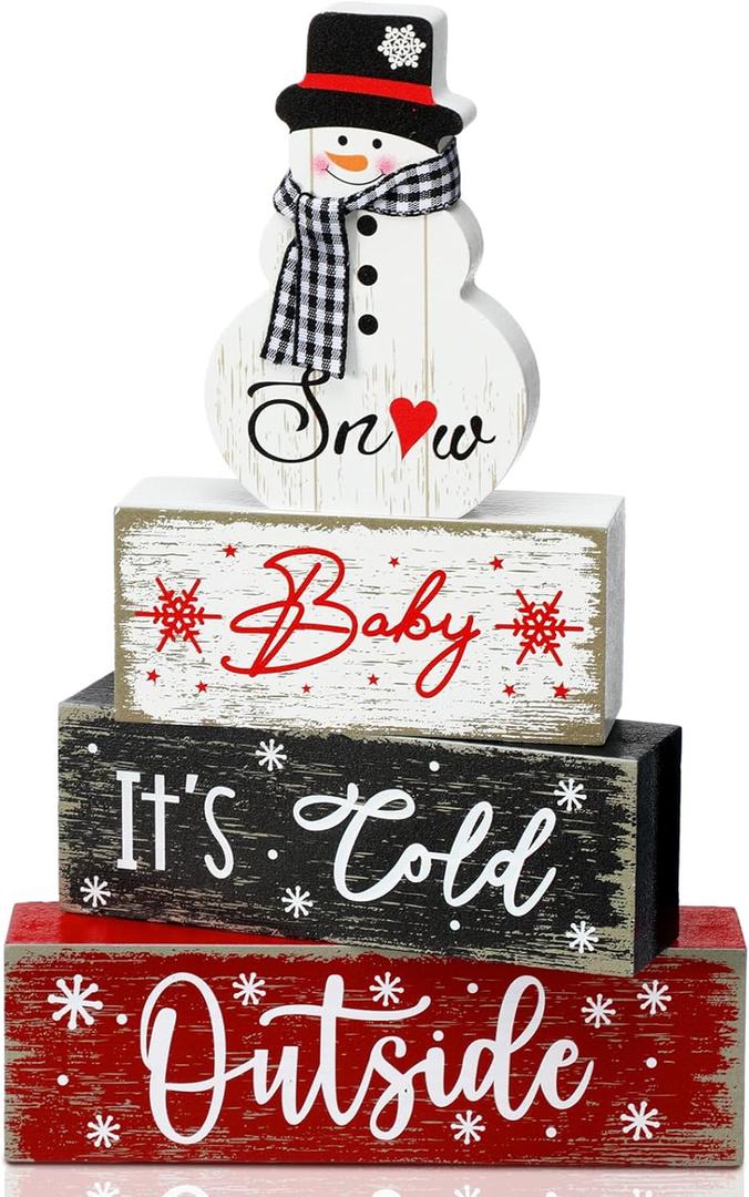 4 Pcs Christmas Snowman Wooden Tiered Tray Decor Farmhouse Snowman Table Decor Table Top Centerpiece Wood Block Sign for Home Desk Party