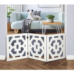 Freestanding Dog Gate Expandable Decorative Wooden Fence for Small to Medium Pet Dogs, Barrier for Stairs, Doorways, & Hallways, Art Deco 46.5"W x 19"H