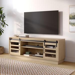 Stead Modern Farmhouse Entertainment Center with Sliding Glass Doors & Storage, 58” Barn Door TV Stand for Bedroom, Media Console Supporting 32-65" TVs for Living Room (Light Oak), Media Console Table