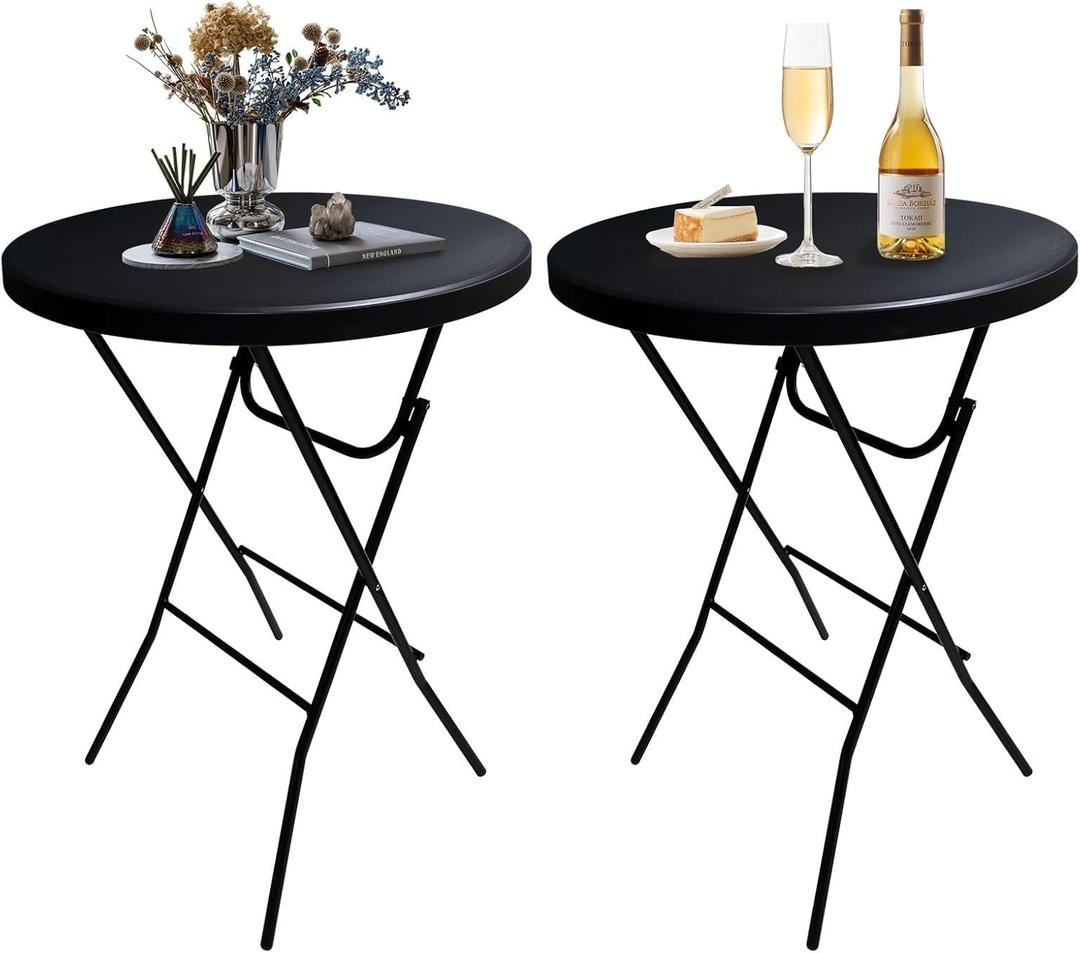 32in Cocktail Table, Folding Round High Top Indoor Outdoor Use, Foldable Bar Height Table for Parties and Commercial Events (Black, 2 Pcs)