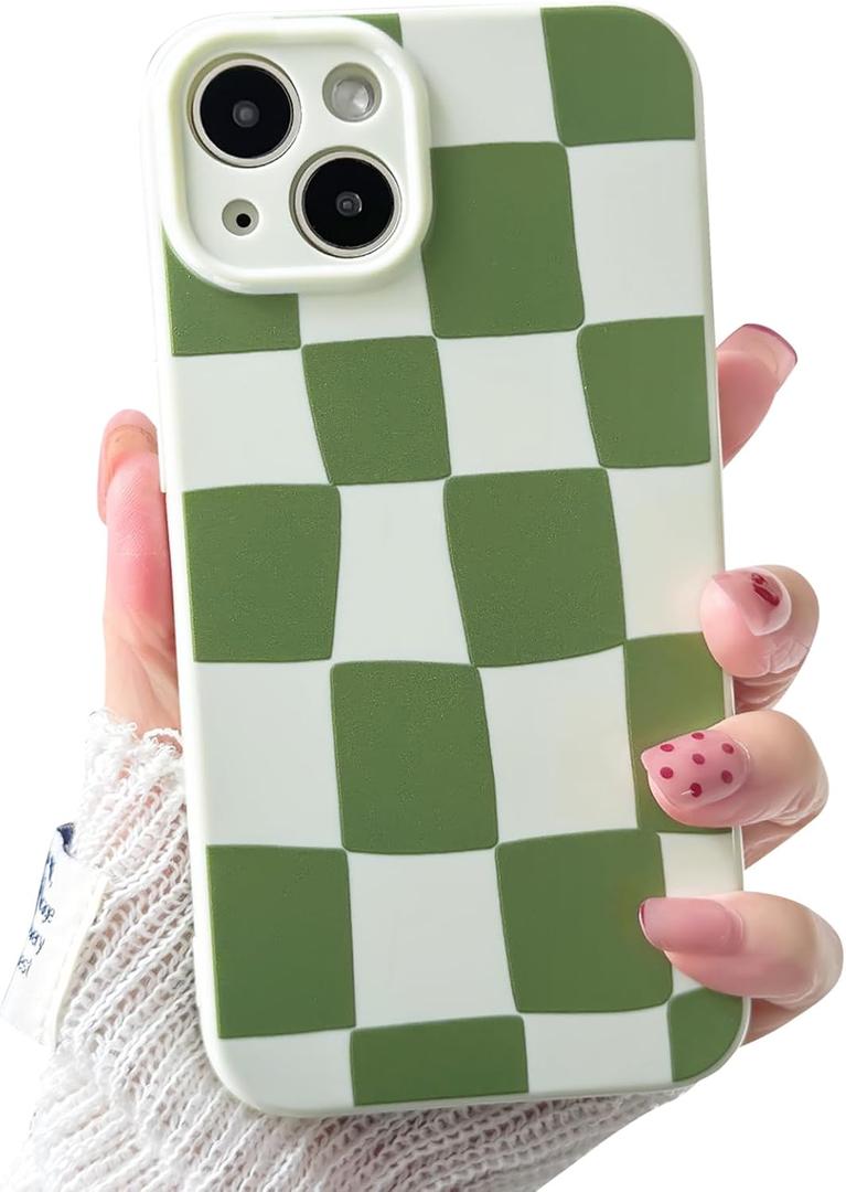 NITITOP Compatible with iPhone 13 Case Cute Aesthetic Checkerboard Larger Blocks Pattern for Women Girl Trendy Slim Fit TPU Silicone Shockproof Full Camera Protection Cover - Green