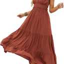 DEEP SELF Women's Summer V Neck Tie Strap Maxi Dress Halter Ruffle Hem Long Dresses Spaghetti Strap Long Flowy Dresses, Rusty Red, Medium