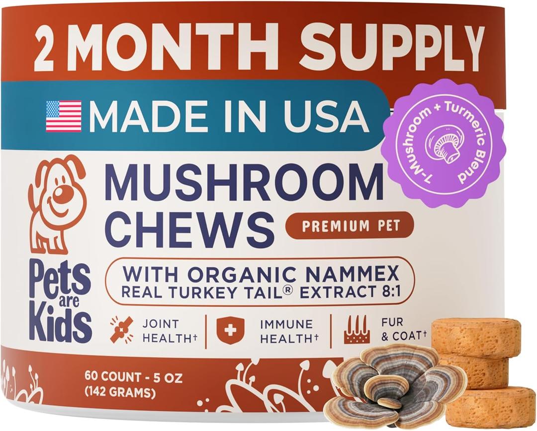 Pets are Kids Turkey Tail Mushroom for Dogs with Organic Real Turkey Tail - 8:1 Extract Mushroom Chews for Lumps & Bumps, Immunity, Gut, Skin, Joint & Spine Support - Reishi, Lions Mane - 60 Chews, Expiry: 03/2028