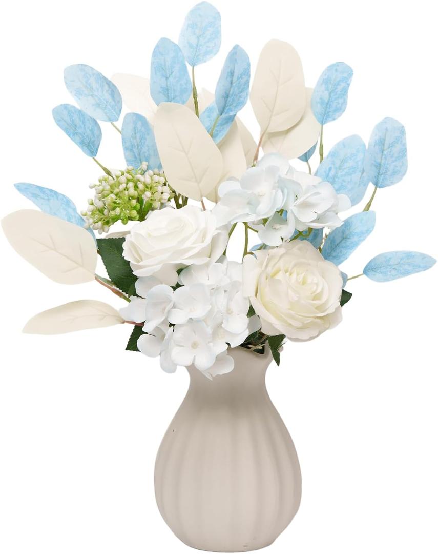 Blue Silk Flowers, Fake Flowers in Vase, Blue and White Flowers, for Home Decor, Room Decor, Bathroom Decor, Dining Table Centerpiece, Flower Arrangements for Table