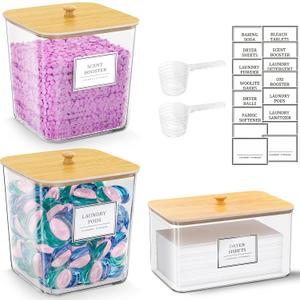 2+1 Pack Laundry Pods Container,Clear Laundry Detergent Powder Storage Containers,Laundry Room Organization Containers with Wooden Lids & Labels,Laundry Pods Holder for Scent Booster,Dryer Ball