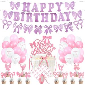2 x Pre-Strung Pink Bow Birthday Party Decorations, Girl Bow Birthday Decortions, Pink White Balloons, Bows Banner Garland, Bows Cake & Cupcake Toppers and Satin Ribbon for Bow Party Decor