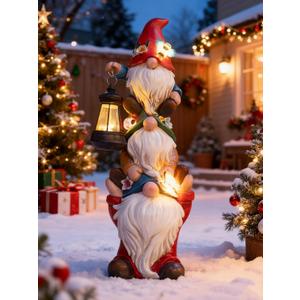 Christmas Gnome Statue with Solar Lights Garden Sculptures Funny Triple Gnome Outdoor Patio Lawn Yard Balcony Home Decor Birthday Gift for Woman Grandma 12 in Garden Gnome (Multicolor)