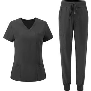 Scrubs for Women, V-Neck Scrubs Top & Cargo Pants with 10 Pockets (Large, Dark Grey)