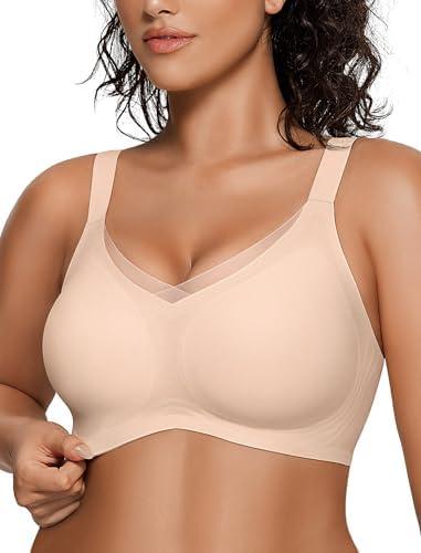 OEAK Womens Wireless Bras V Mesh Comfortable Bralette Supportive Tshirt Bra No Underwire Seamless Push Up Everyday Bras, L, Nude