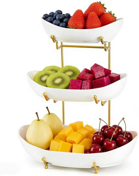 Ceramic Fruit Bowl for Kitchen Counter - 3 Tier Fruit Basket with Metal Stand, Tiered Fruit Stand for Countertop, Snack, Nuts, Cake, Dessert, Cute (Gold, Large)