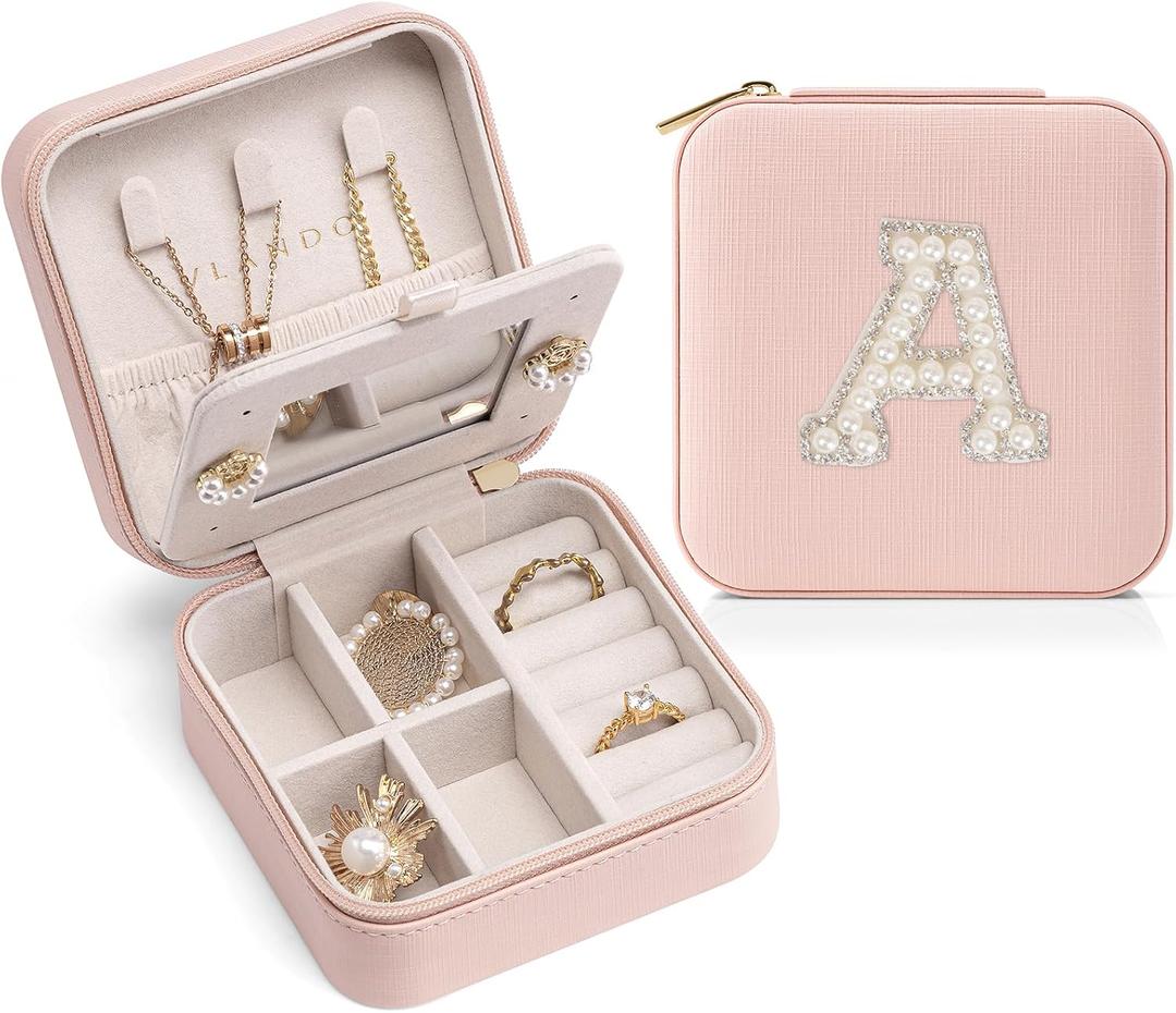 Vlando Mothers Day Gifts, Travel Jewelry Case for Women, Travel Gifts, Travel Essentials Small Jewelry Box, Jewelry Travel Organizer for Teen Girls Kids Graduation Gifts- Letter A, Pink