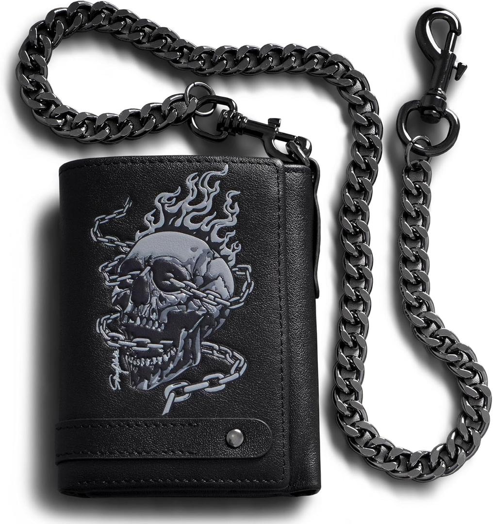 Men's Wallet With Chain Skull Trifold Wallets For Men,Soft Leather Wallet Chains Rfid Blocking Cool Mens Gift Idea (Black)