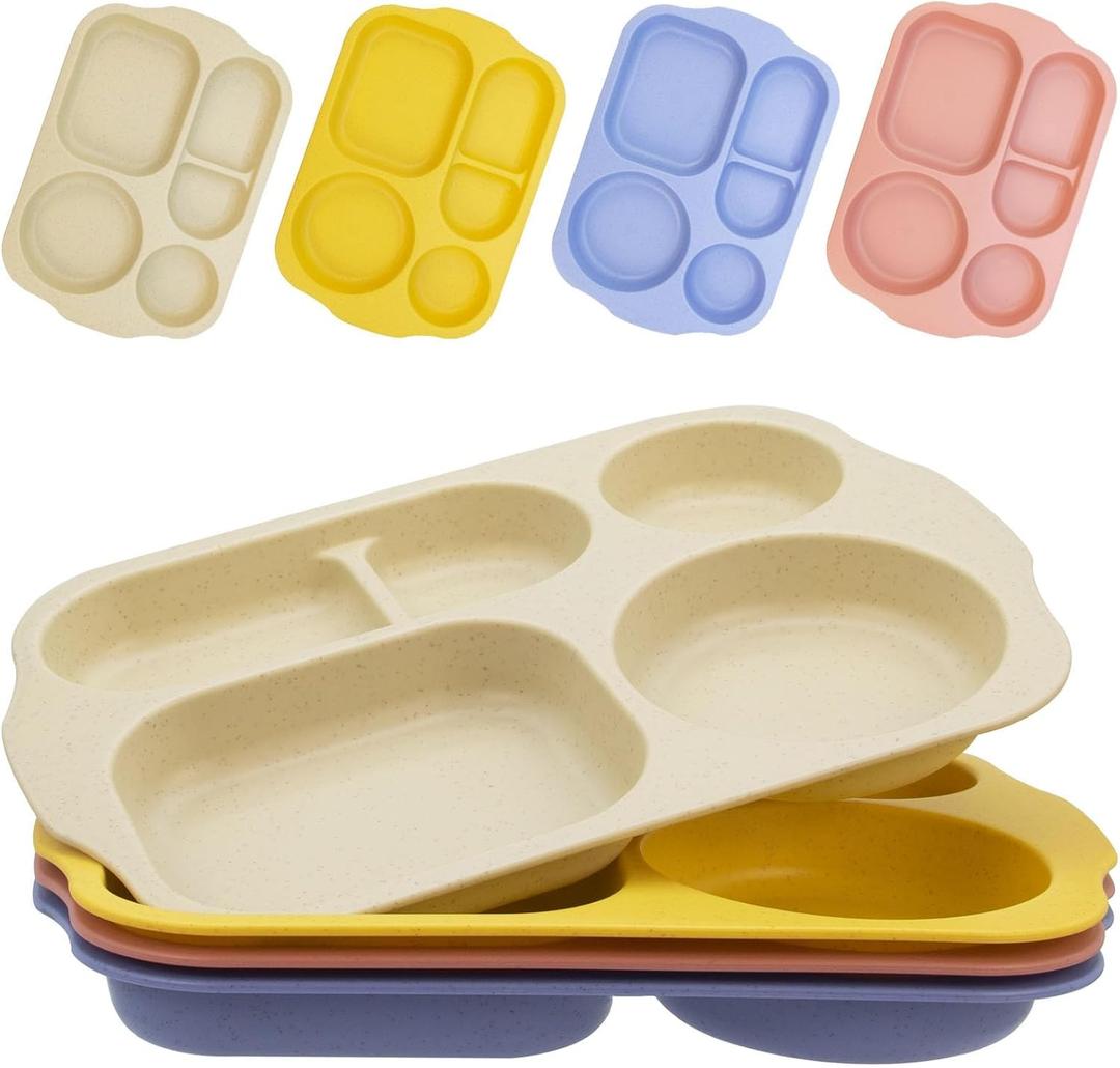 Divided Plates Set, Wheat Straw Portion Control Plate, Reusable Round Divided Plates for Adults, Lightweight Bariatric Plate with Compartments (Rectangular-Set of 4 Q)
