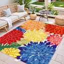 Colorful 9x12 Outdoor Area Rug Washable Multicolored Patio Rug Tropical Botanical Floral Chenille Waterproof Outdoor Carpet Non-Slip for Deck, Backyard, Porch, Rainbow