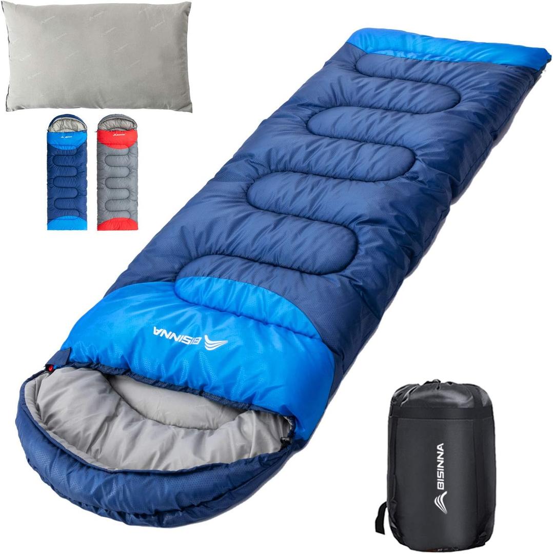 BISINNA Sleeping Bag with Pillow - 4 Season Backpacking Sleeping Bag Lightweight Waterproof Warm and Washable for Adults, Kids, Women, Men's Outdoors Camping, Hiking, Mountaineering (Left Zipper, Blue)