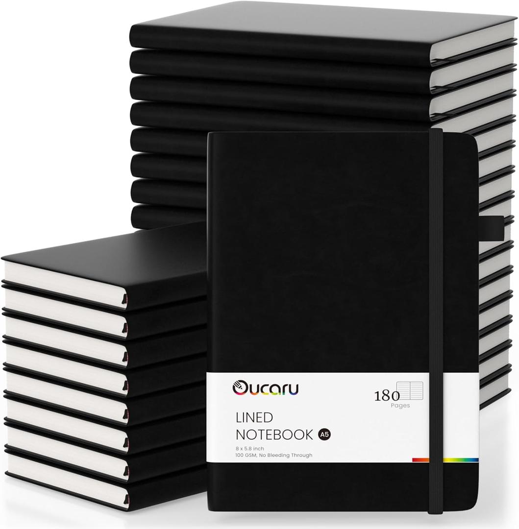 Oucaru Lined Journal Notebook, 24 Pack, 180 Pages, A5 Journals for Writing, 100 GSM Thick Paper, Small Notebooks Daily Journal for Women Men Work, Business, School, Travel Supplies (Black)