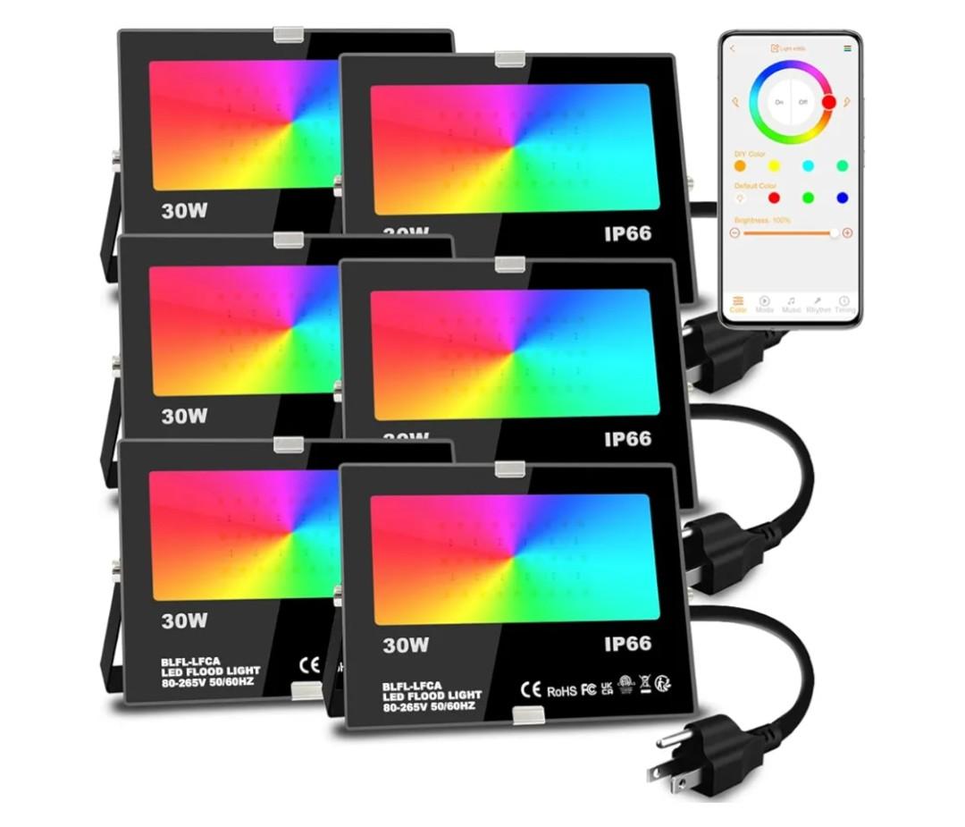 Led Flood Light 30W, 300W Equivalent 3000 LM Outdoor Color Changing Led Stage Landscape Lights, Bluetooth RGBW Smart Floodlights 2700K & 16 Million Colors&Timing& Music Sync, IP66，US 3-Plug (6 Pack)
