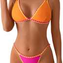 SherryDC Women's Sexy Color Block Bikini Sets High Cut Thong Two Piece Swimsuit Self-tie Bathing Suit (190-rose+orange) M