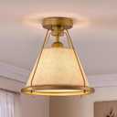Gold Semi Flush Mount Ceiling Light Fixture with Fabric Shade Modern Bedroom Light Fixture Farmhose Close to Ceiling Light for Living Room Kitchen Hallway Entryway