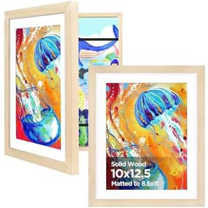 KINLINK 10x12.5 Kids Art Frame Set of 2, Solid Wood Artwork Frame Changeable With Acrylic Front Opening, Holds 150 Pictures, With or Without Mat, Natural