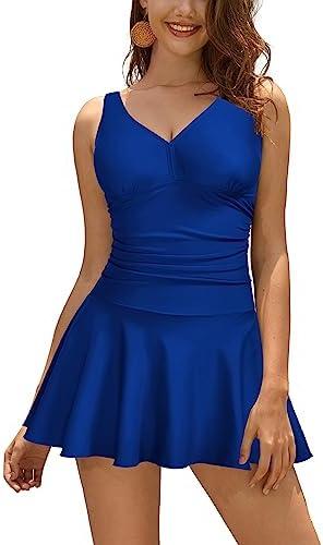 SHEKINI Women's V Neck One Piece Skirt Swimsuit Ruched Retro Swimdress Bathing Suit, Size: S