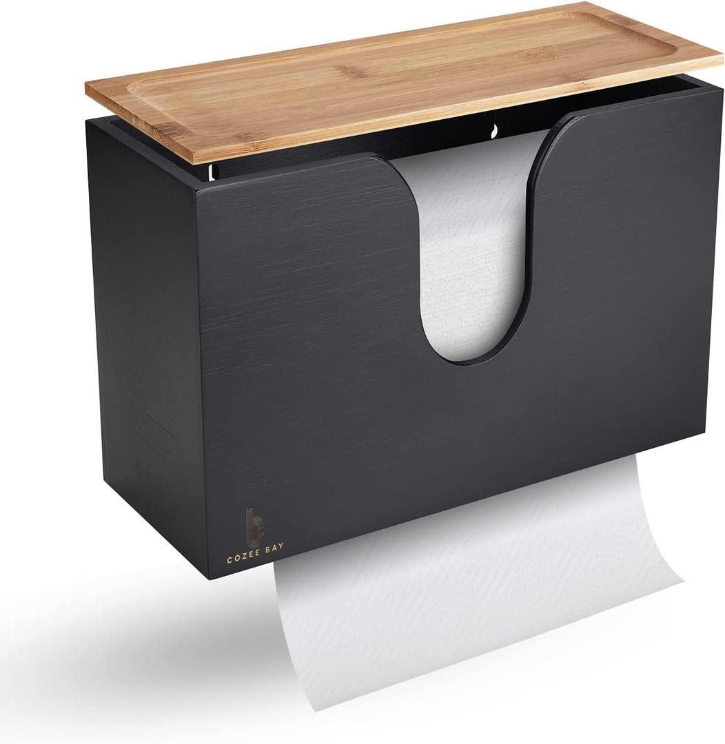 Bamboo Paper Towel Dispenser/Holder with Lid for Home and Commercial, Wall Mount or Countertop for Multifold, C Fold, Z fold, Trifold Hand Towels (Black)
