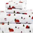 Comfort Spaces 100% Cotton Flannel Sheets King Size, Ultra Soft Cozy Flannel Sheet Set with 14" Elastic Pocket Fits up to 16" Mattress, Novelty Print Warm Flannel Bedding, Christmas Village 4 Piece