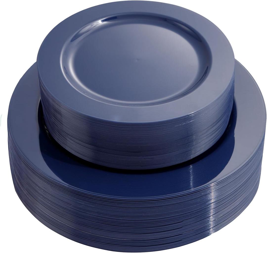FLOWERCAT 100PCS Blue Plastic Plates - Heavy Duty Blue Disposable Plates for Memorial/Birthday Party/Graducation - Include 50PCS 10.25inch Dinner and 50PCS 7.5inch Dessert/Salad Plates for 50 Guests