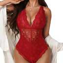 Aranmei Women's Sexy Lace Bodysuit Snap Crotch Lingerie Deep V Teddy One Piece Lace Babydoll Red L