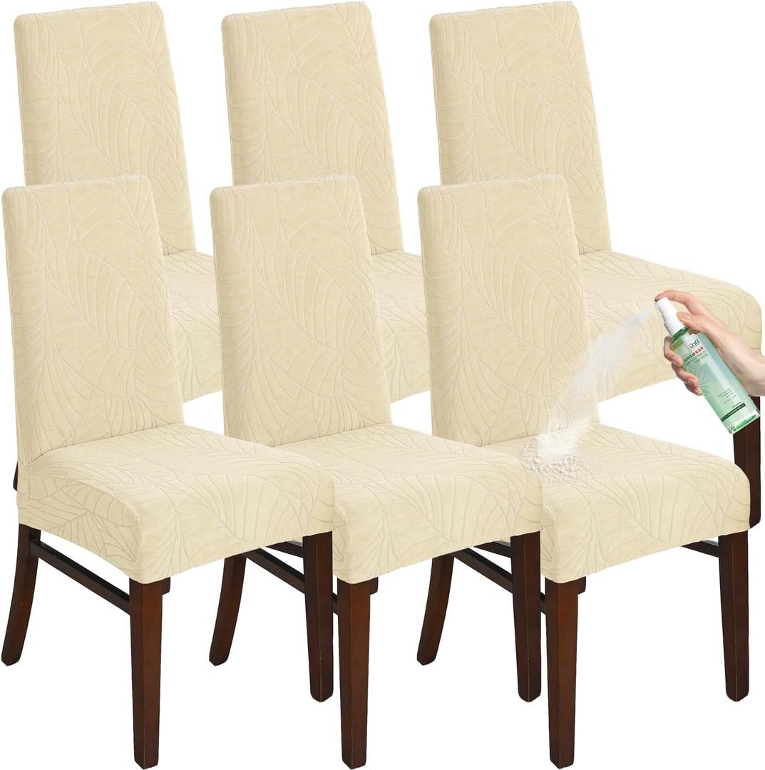 Chair Covers for Dining Room Set of 2/4/6, Stretch Jacquard Dining Chair Slipcover Covers, Removable Washable Waterproof Chair Covers (Cream,6 Pieces)