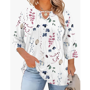 Rapbin Womens Plus Size Tops 3/4 Length Sleeve Shirts Crewneck Dressy Casual Blouses Trendy Keyhole Tunic Top XLL